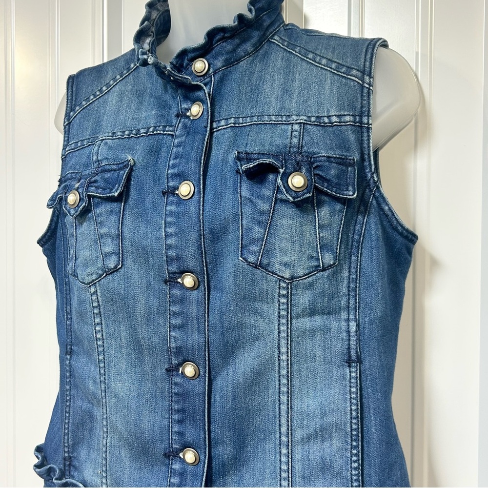 International Concepts Women's Denim Vest Ruffle Trim Pearl Like Button Closure